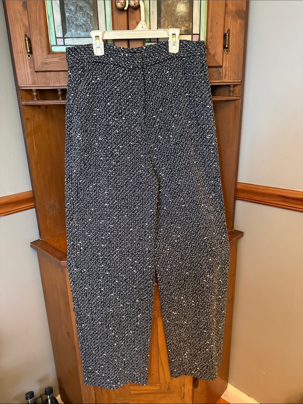 Zara Black & White Textured Tweed Wide Leg Trouser Pants - Size L